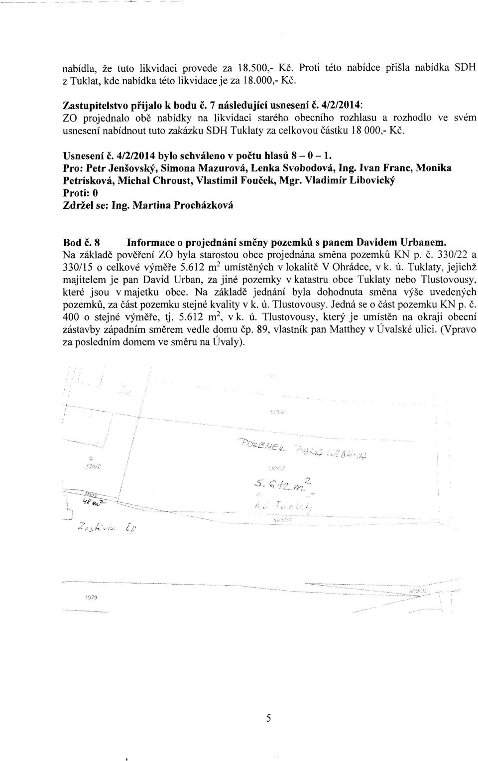 Usnesení č. 4/2/2014 bylo schváleno v počtu hlasů 8-0- 1. Pro: Petr Jenšovský, Simona Mazurová, Lenka Svobodová, Ing. Ivan Franc, Monika Petrisková, Michal Chroust, Vlastimil Fouček, Mgr.