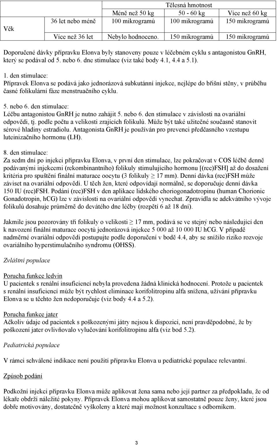 1. den stimulace: Přípravek Elonva se podává jako jednorázová subkutánní injekce, nejlépe do břišní stěny, v průběhu časné folikulární fáze menstruačního cyklu. 5. nebo 6.