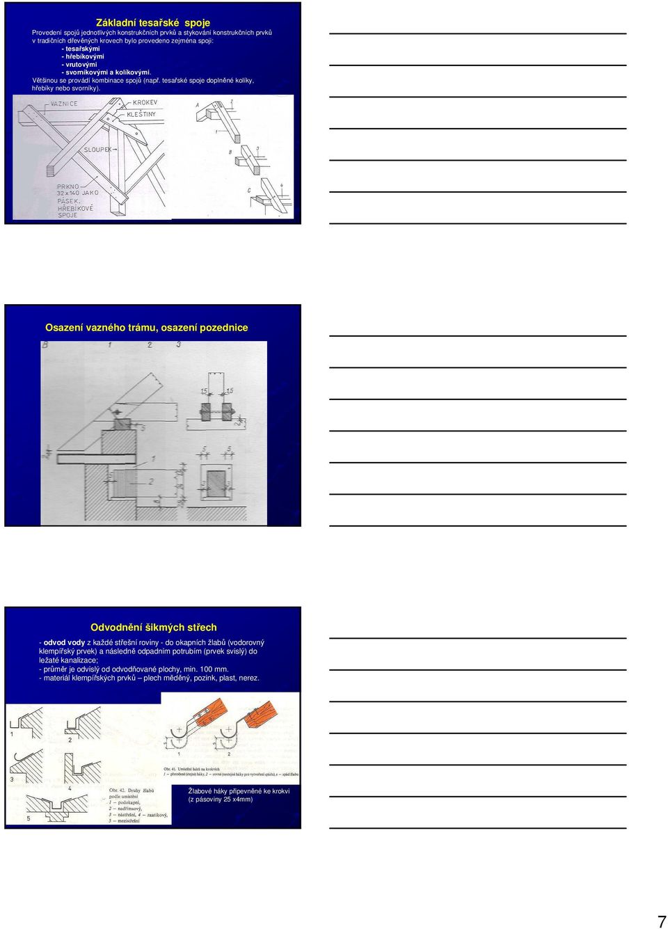Osazení vazného trámu, osazení pozednice Odvodnění šikmých střech - odvod vody z každé střešní roviny - do okapních žlabů (vodorovný klempířský prvek) a následně odpadním potrubím