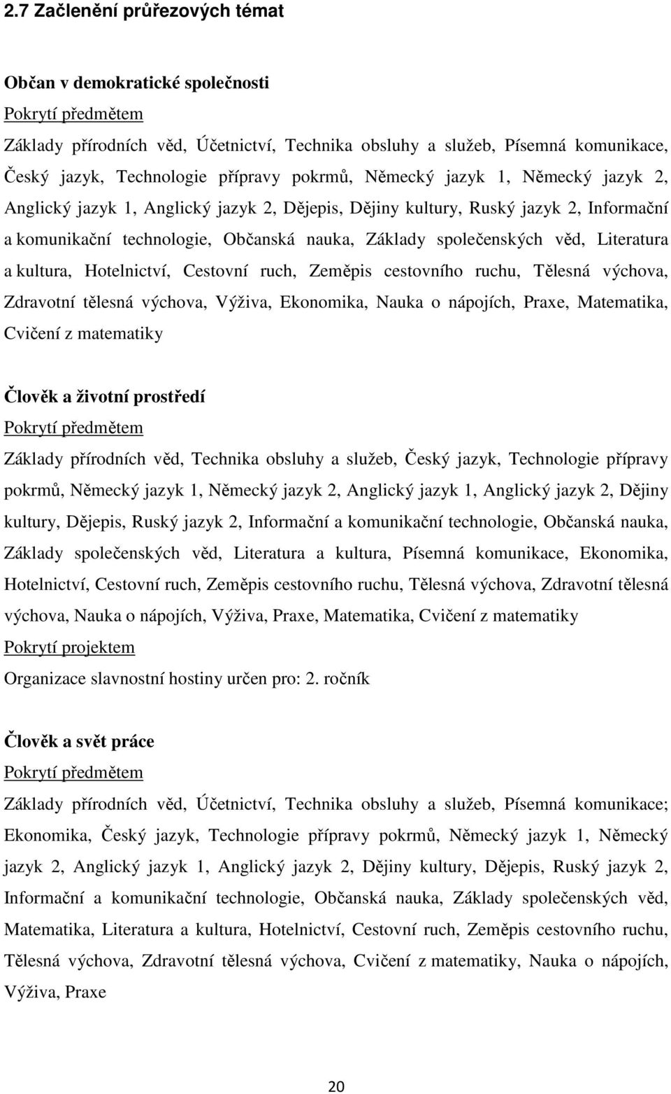 Literatura a kultura, Hotelnictví, Cestovní ruch, Zeměpis cestovního ruchu, Tělesná výchova, Zdravotní tělesná výchova, Výživa, Ekonomika, Nauka o nápojích, Praxe, Matematika, Cvičení z matematiky