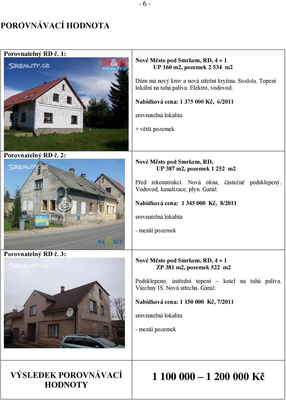 Nová okna, částečně podsklepený. Vodovod, kanalizace, plyn. Garáž. Nabídková cena: 1 345 000 Kč, 8/2011 srovnatelná lokalita - menší pozemek Porovnatelný RD č.