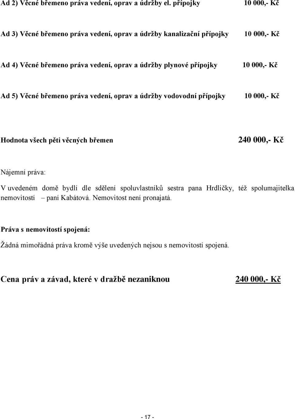 000,- Kč Ad 5) Věcné břemeno práva vedení, oprav a údržby vodovodní přípojky 10 000,- Kč Hodnota všech pěti věcných břemen 240 000,- Kč Nájemní práva: V uvedeném domě