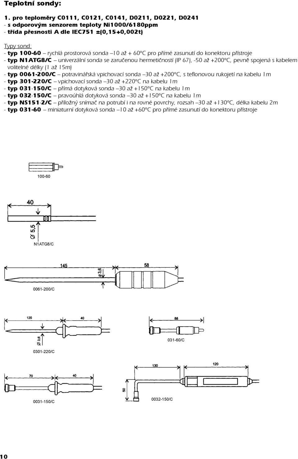 až + 60 C pro pøímé zasunutí do konektoru pøístroje - typ N1ATG8/C univerzální sonda se zaruèenou hermetièností (IP 67), -50 až +200 C, pevnì spojená s kabelem volitelné délky (1 až 15m) - typ