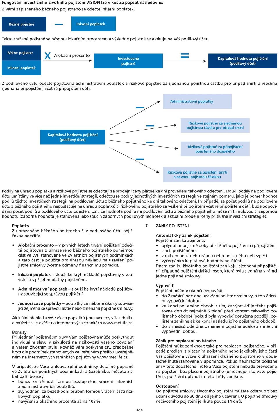 Běžné pojistné Inkasní poplatek Alokační procento Investované pojistné Kapitálová hodnota pojištění (podílový účet) Z podílového účtu odečte pojišťovna administrativní poplatek a rizikové pojistné za