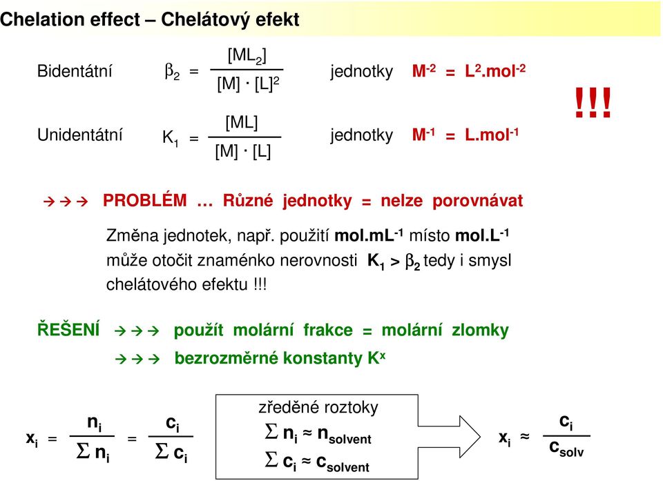 použití mol.ml -1 místo mol.l -1 může otočit znaménko nerovnosti K 1 > β 2 tedy i smysl chelátového efektu!