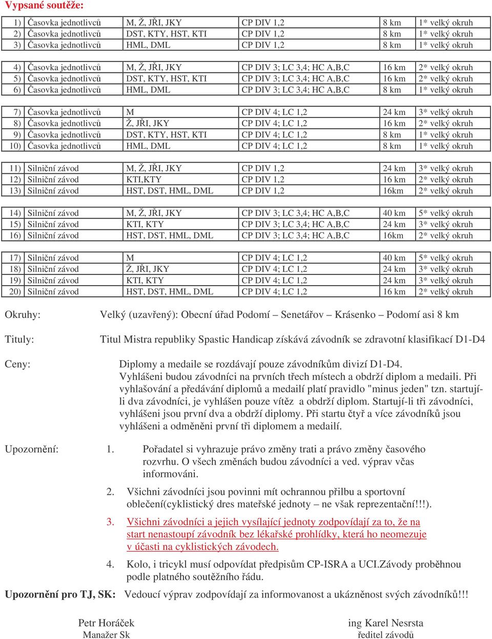 jednotlivc HML, DML CP DIV 3; LC 3,4; HC A,B,C 8 km 1* velký okruh 7) asovka jednotlivc M CP DIV 4; LC 1,2 24 km 3* velký okruh 8) asovka jednotlivc Ž, JI, JKY CP DIV 4; LC 1,2 16 km 2* velký okruh