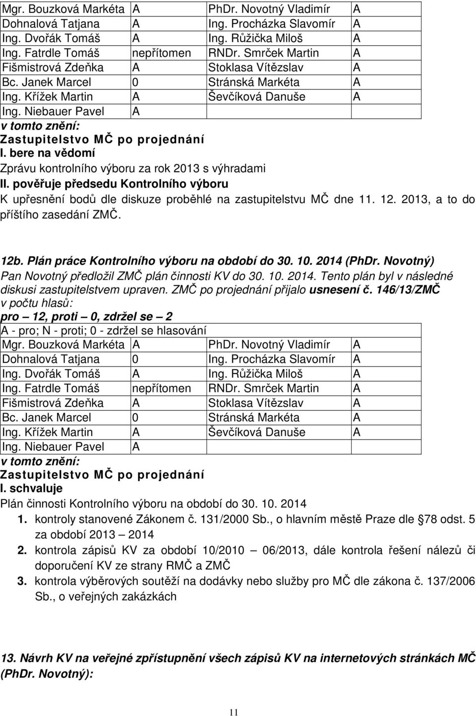 2013, a to do příštího zasedání ZMČ. 12b. Plán práce Kontrolního výboru na období do 30. 10. 2014 (PhDr. Novotný) Pan Novotný předložil ZMČ plán činnosti KV do 30. 10. 2014. Tento plán byl v následné diskusi zastupitelstvem upraven.