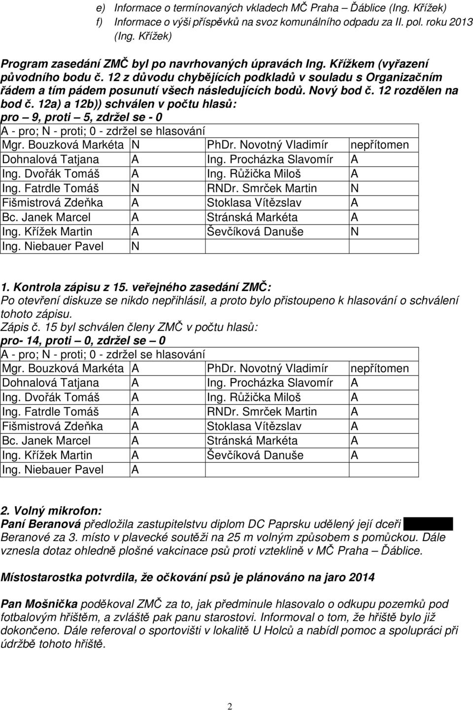 12 z důvodu chybějících podkladů v souladu s Organizačním řádem a tím pádem posunutí všech následujících bodů. Nový bod č. 12 rozdělen na bod č.