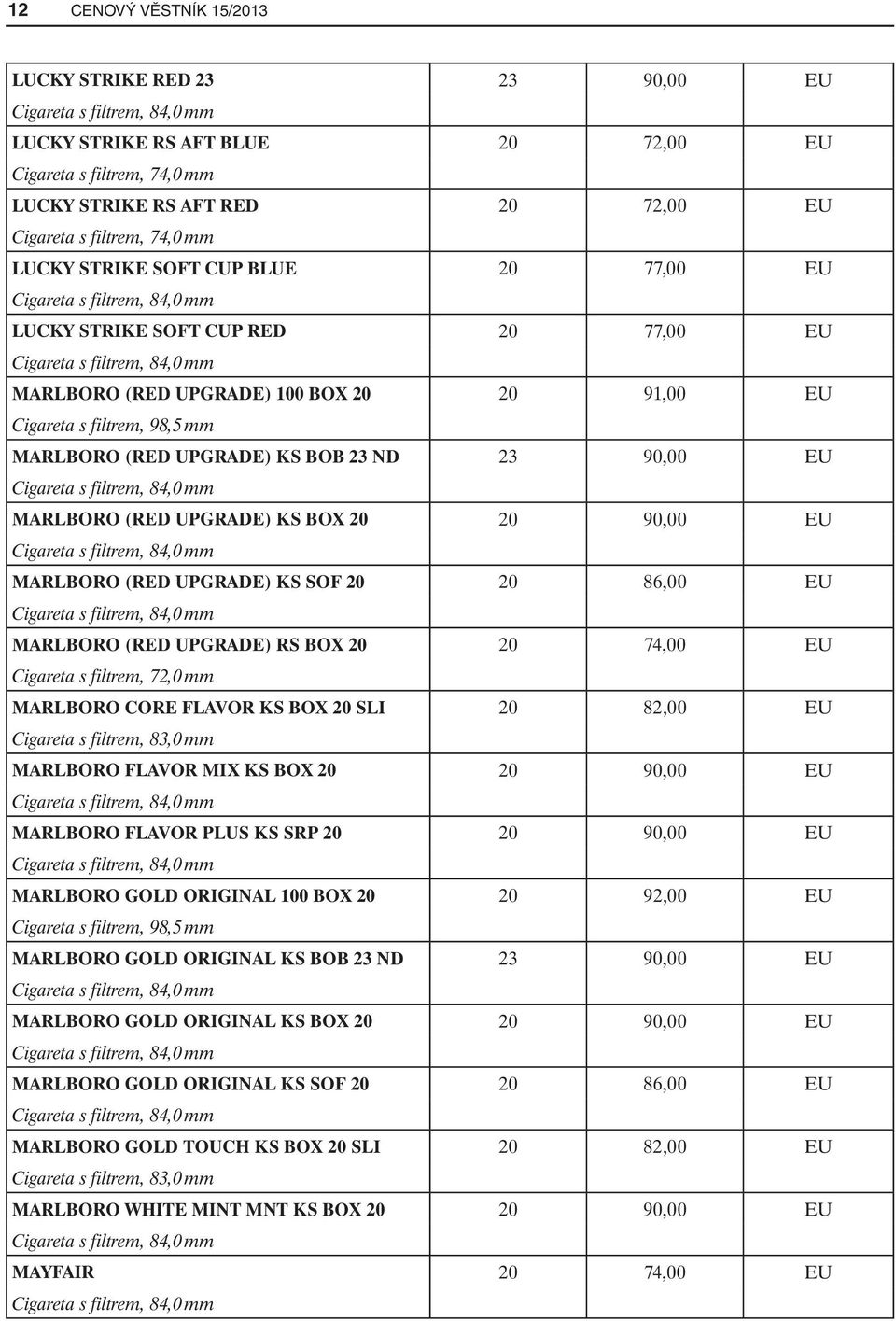 UPGRADE) KS BOX 20 20 90,00 EU MARLBORO (RED UPGRADE) KS SOF 20 20 86,00 EU MARLBORO (RED UPGRADE) RS BOX 20 20 74,00 EU Cigareta s filtrem, 72,0 mm MARLBORO CORE FLAVOR KS BOX 20 SLI 20 82,00 EU