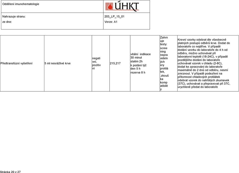 V případě dodání vzorku do laboratoře do 4 h od odběru, možno uchovávat při laboratorní teplotě (18-24C), v případě pozdějšího dodání do laboratoře uchovávat vzorek v chladu (2-8C), dodat ke