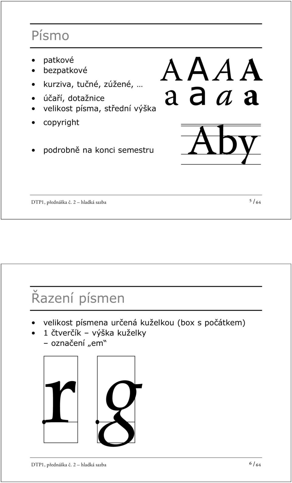 2 hladká sazba ⁵ /64 Řazení písmen velikost písmena určená kuželkou (box s