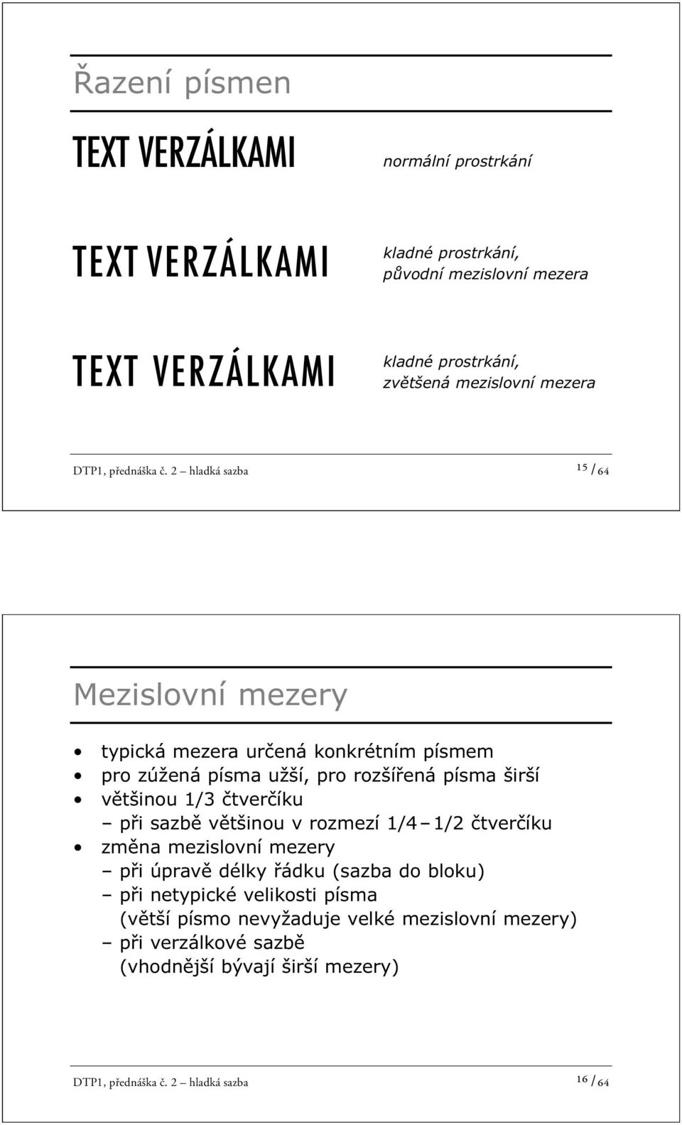 čtverčíku při sazbě většinou v rozmezí 1/4 1/2 čtverčíku změna mezislovní mezery při úpravě délky řádku (sazba do bloku) při netypické velikosti