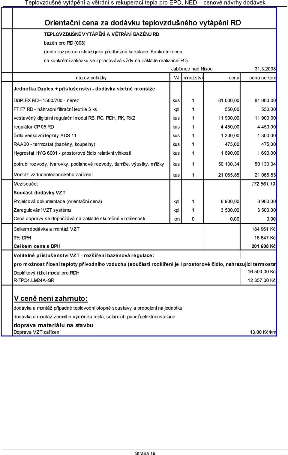 .3.2008 název položky MJ množství cena cena celkem Jednotka Duplex + příslušenství - dodávka včetně montáže DUPLEX RDH 1500/700 - nerez kus 1 81 000,00 81 000,00 FT F7 RD - náhradní filtrační