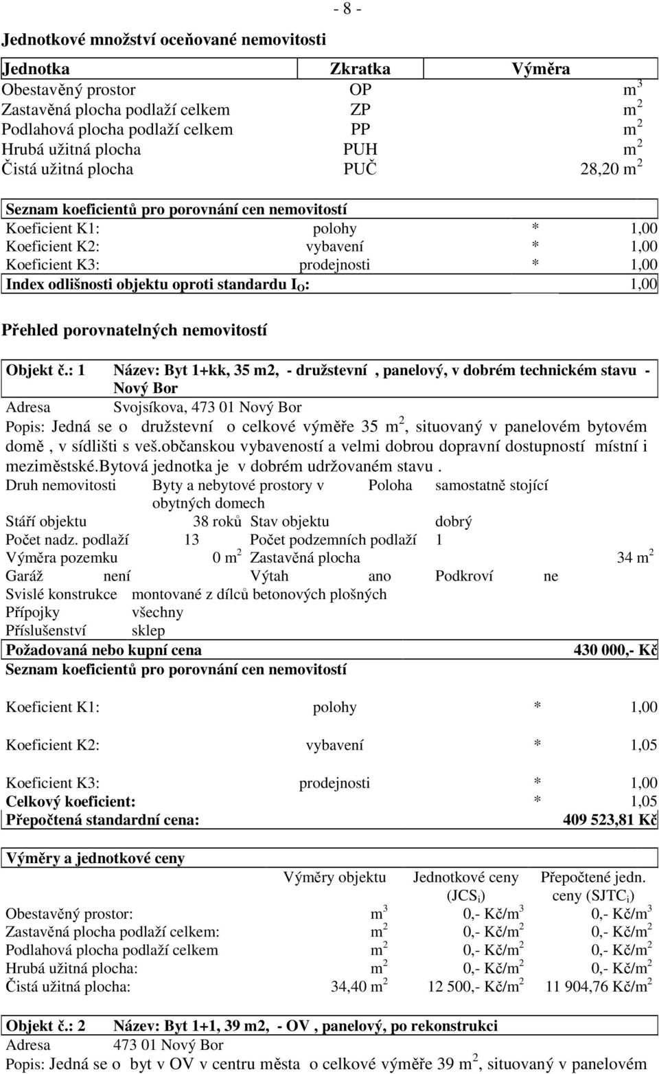 objektu oproti standardu I O : 1,00 Přehled porovnatelných nemovitostí Objekt č.