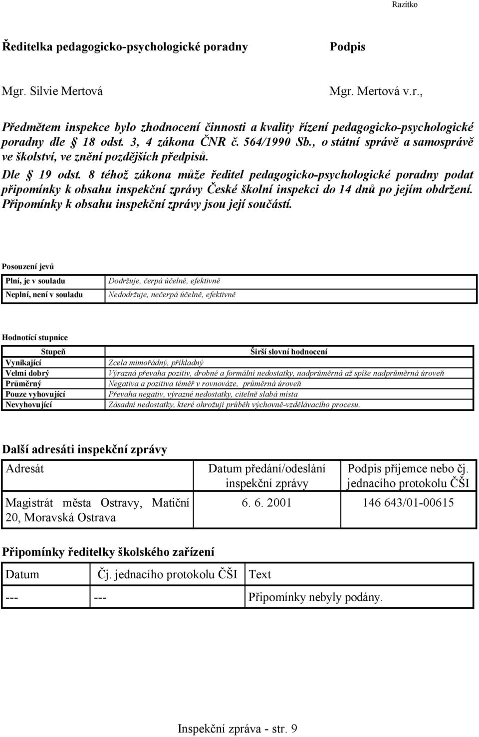 8 téhož zákona může ředitel pedagogicko-psychologické poradny podat připomínky k obsahu inspekční zprávy České školní inspekci do 14 dnů po jejím obdržení.