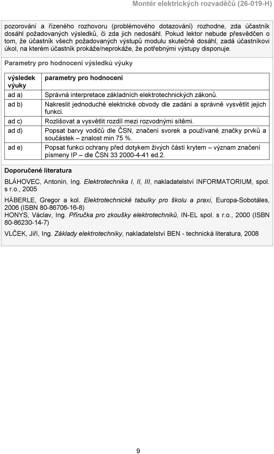 Parametry pro hodnocení výsledků výuky výsledek výuky ad a) ad b) ad c) ad d) ad e) parametry pro hodnocení Správná interpretace základních elektrotechnických zákonů.