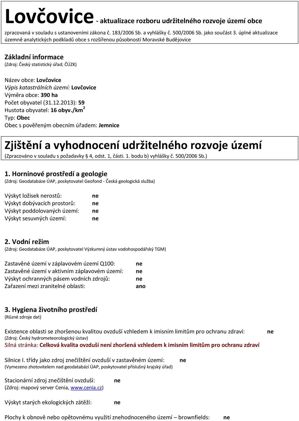 území: Lovčovice Výměra obce: 390 ha Počet obyvatel (31.12.2013): 59 Hustota obyvatel: 16 obyv.