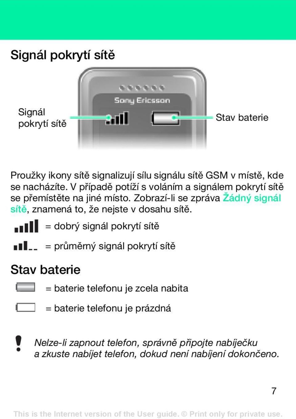 Zobrazí-li se zpráva Žádný signál sítě, znamená to, že nejste v dosahu sítě.