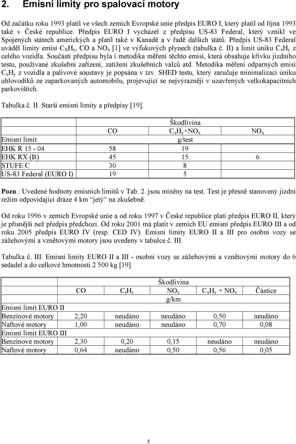 Předpis US-83 Federal uváděl limity emisí C X H y, CO a NO x [1] ve výfukových plynech (tabulka č. II) a limit úniku C x H y z celého vozidla.