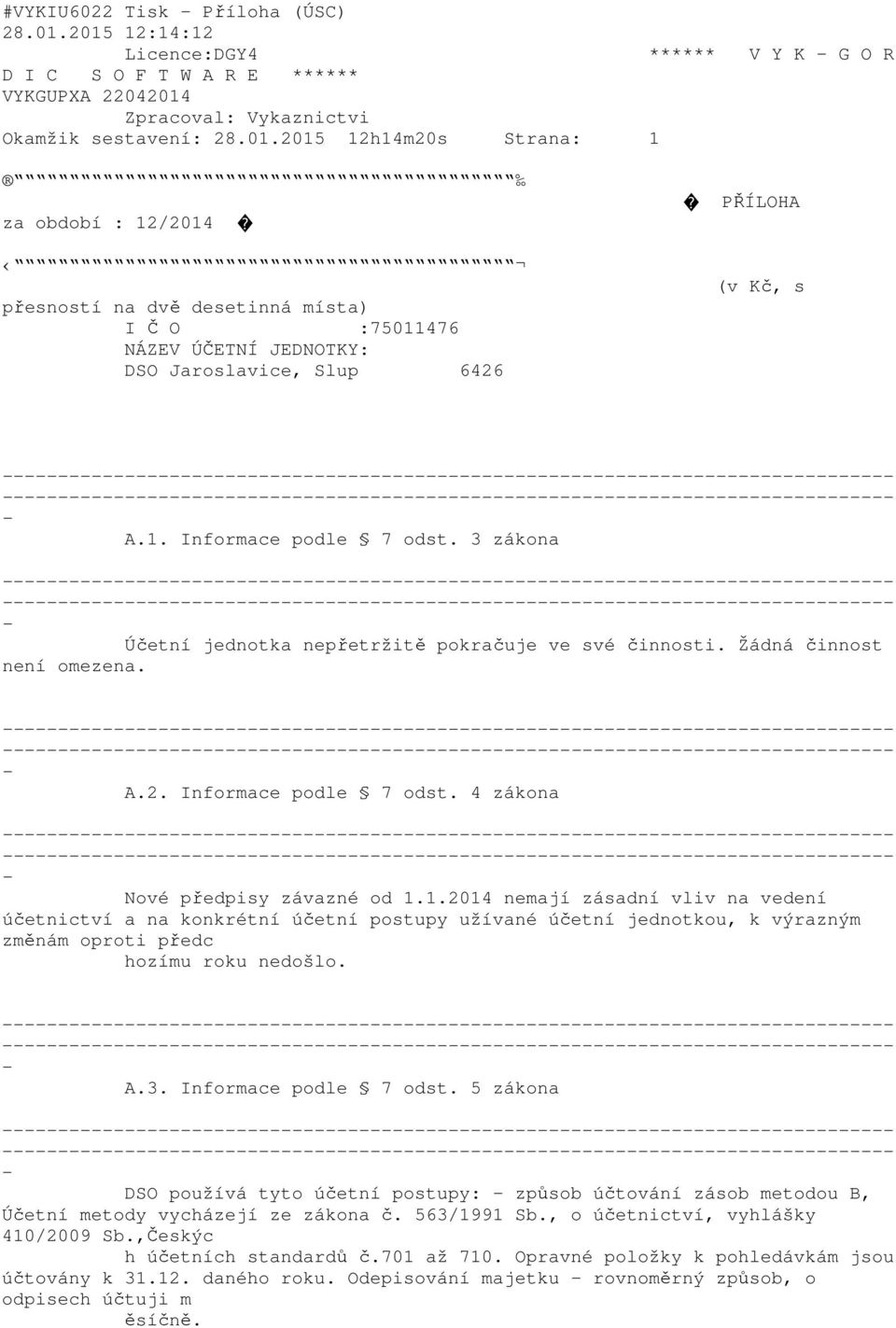 A.3. Informace podle 7 odst. 5 zákona DSO používá tyto účetní postupy: způsob účtování zásob metodou B, Účetní metody vycházejí ze zákona č. 563/1991 Sb., o účetnictví, vyhlášky 410/2009 Sb.