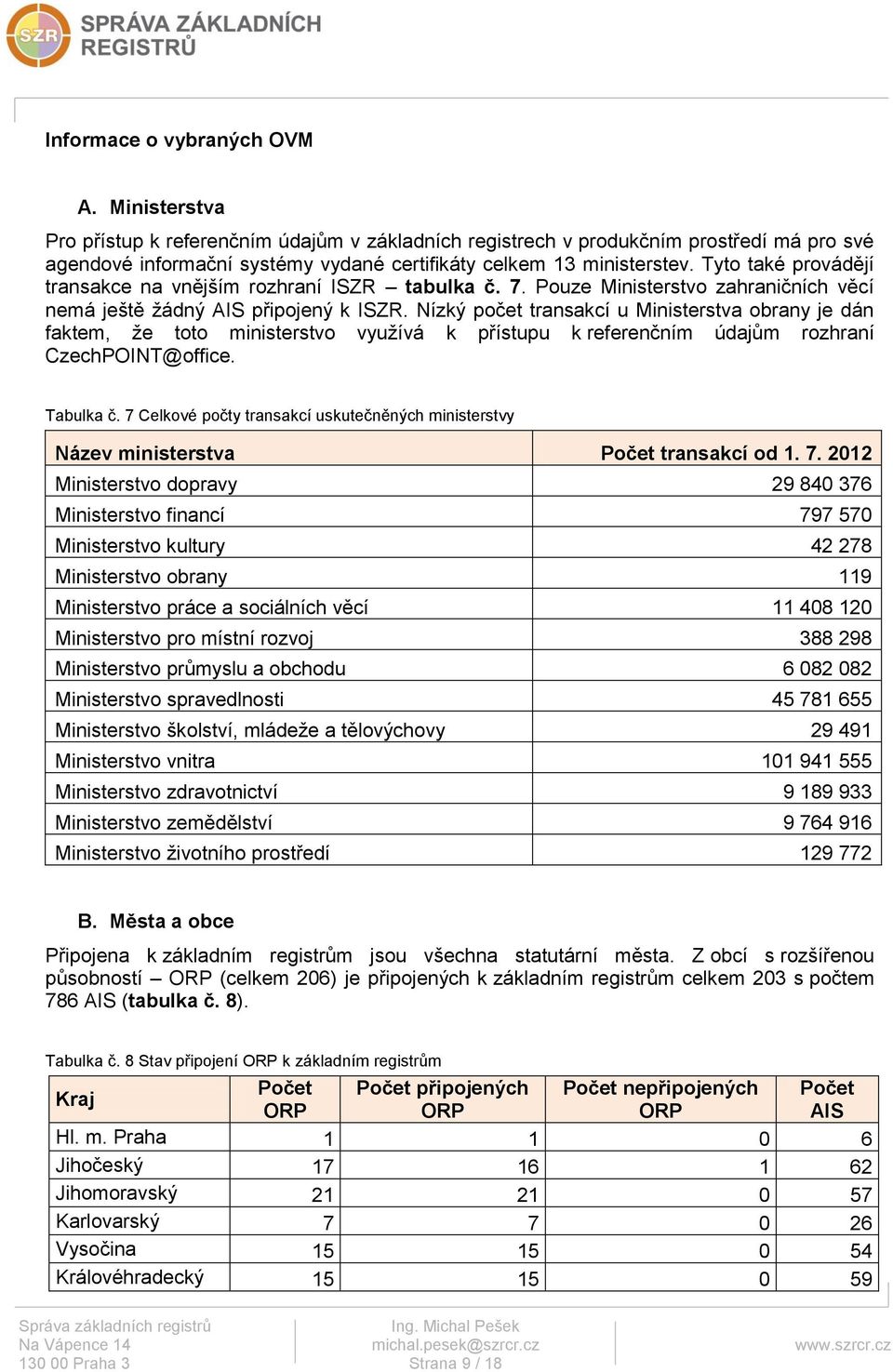 Tyto také provádějí transakce na vnějším rozhraní ISZR tabulka č. 7. Pouze Ministerstvo zahraničních věcí nemá ještě žádný AIS připojený k ISZR.