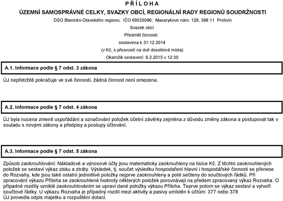 3 zákona ÚJ nepřetržitě pokračuje ve své činnosti, žádná činnost není omezena. A.2. Informace podle 7 odst.