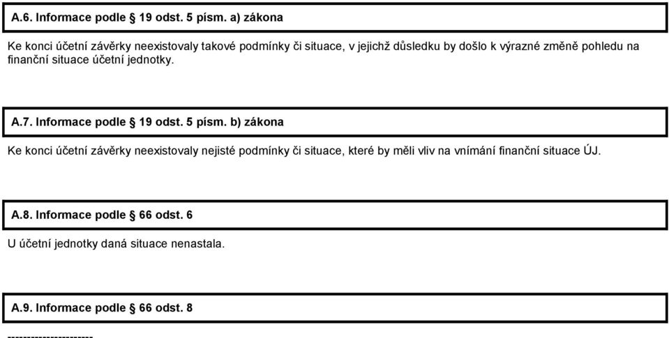 pohledu na finanční situace účetní jednotky. A.7. Informace podle 19 odst. 5 písm.