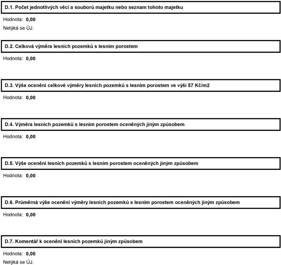 Výše ocenění celkové výměry lesních pozemků s lesním porostem ve výši 57 Kč/m2 Hodnota: 0,00 D.4.
