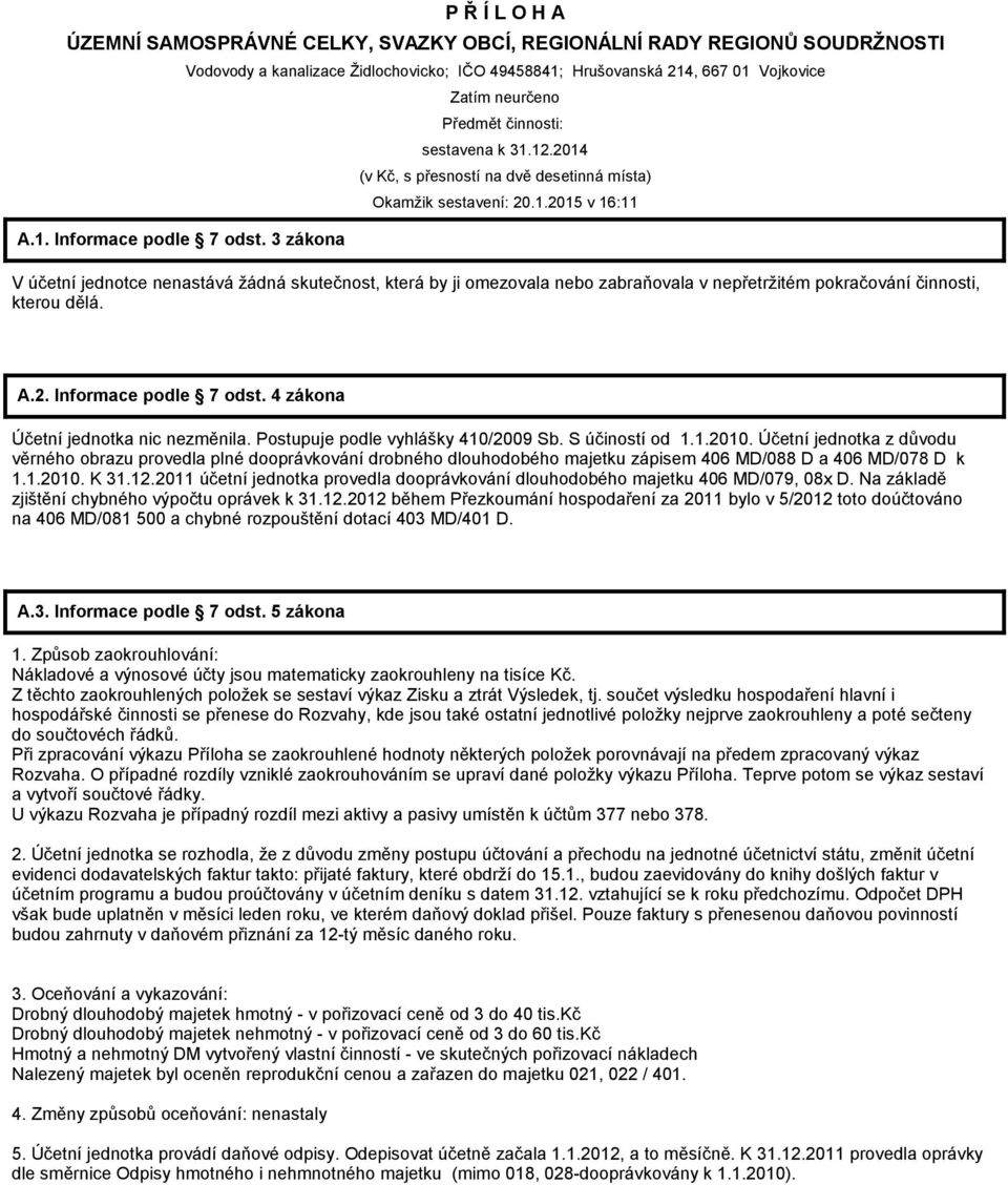 2014 (v Kč, s přesností na dvě desetinná místa) Okamžik sestavení: 20.1.2015 v 16:11 V účetní jednotce nenastává žádná skutečnost, která by ji omezovala nebo zabraňovala v nepřetržitém pokračování činnosti, kterou dělá.