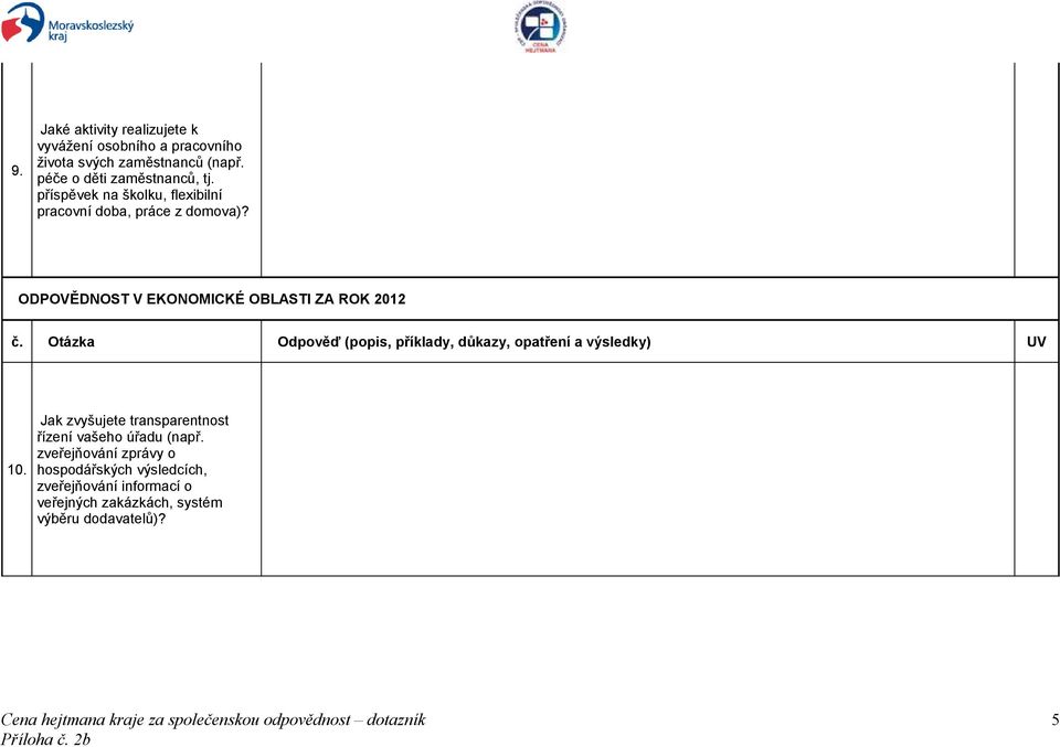 ODPOVĚDNOST V EKONOMICKÉ OBLASTI ZA ROK 2012 č. Otázka Odpověď (popis, příklady, důkazy, opatření a výsledky) UV 10.