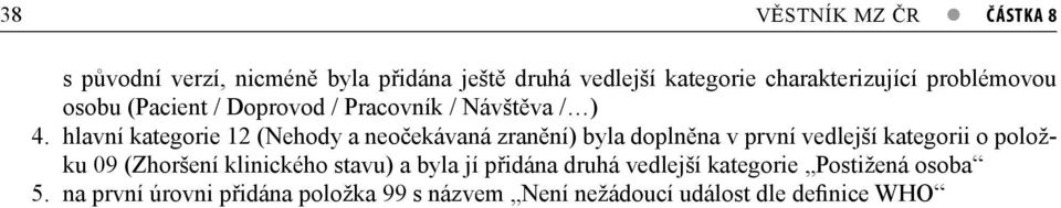 hlavní kategorie 12 (Nehody a neočekávaná zranění) byla doplněna v první vedlejší kategorii o položku 09 (Zhoršení