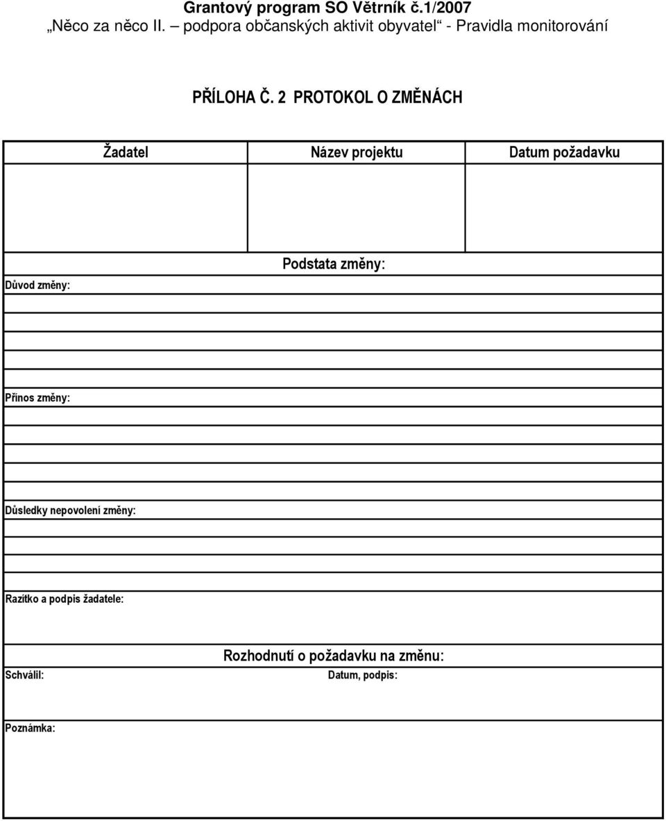 2 PROTOKOL O ZMĚNÁCH Žadatel Název projektu Datum požadavku Důvod změny: