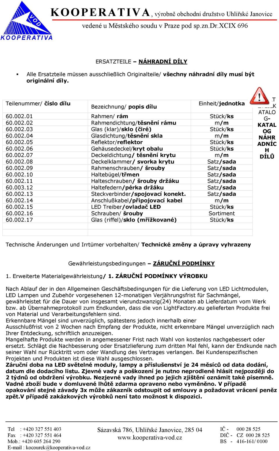 002.07 Deckeldichtung/ těsnění krytu m/m 60.002.08 Deckelklammer/ svorka krytu Satz/sada 60.002.09 Rahmenschrauben/ šrouby Satz/sada 60.002.10 Haltebügel/třmen Satz/sada 60.002.11 Halteschrauben/ šrouby držáku Satz/sada 60.