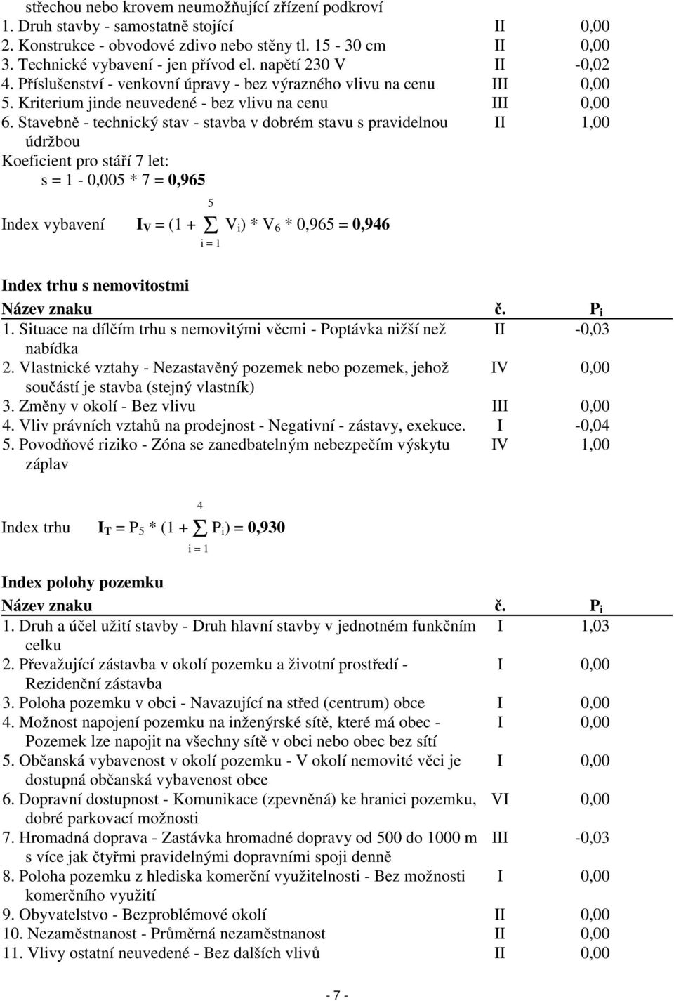 Stavebně - technický stav - stavba v dobrém stavu s pravidelnou II 1,00 údržbou Koeficient pro stáří 7 let: s = 1-0,005 * 7 = 0,965 5 Index vybavení I V = (1 + Σ V i ) * V 6 * 0,965 = 0,946 i = 1