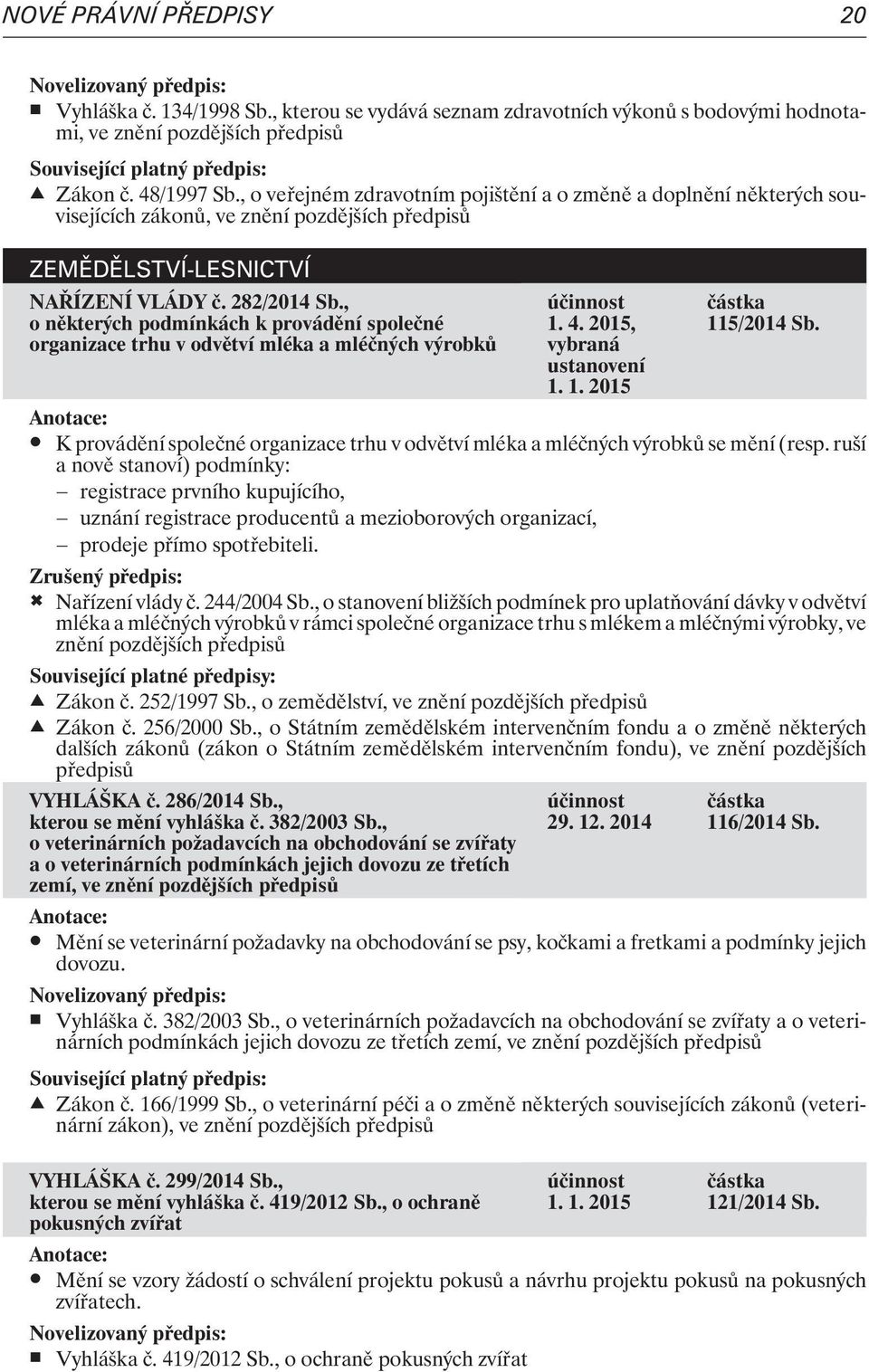 , o nìkterých podmínkách k provádìní spoleèné organizace trhu v odvìtví mléka a mléèných výrobkù 1. 4. 2015, vybraná ustanovení 115/2014 Sb.