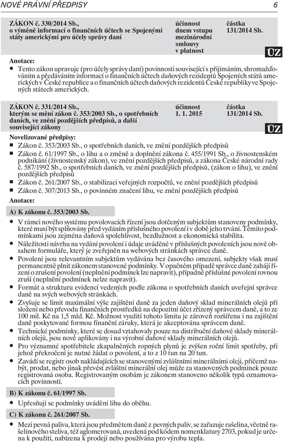 republice a o finanèních úètech daòových rezidentù Èeské republiky ve Spojených státech amerických. ZÁKON è. 331/2014 Sb., kterým se mìní zákon è. 353/2003 Sb.