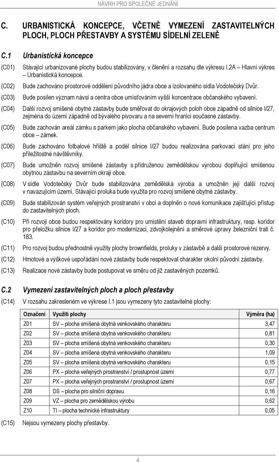 2A Hlavní výkres Urbanistická koncepce. Bude zachováno prostorové oddělení původního jádra obce a izolovaného sídla Vodotečský Dvůr.