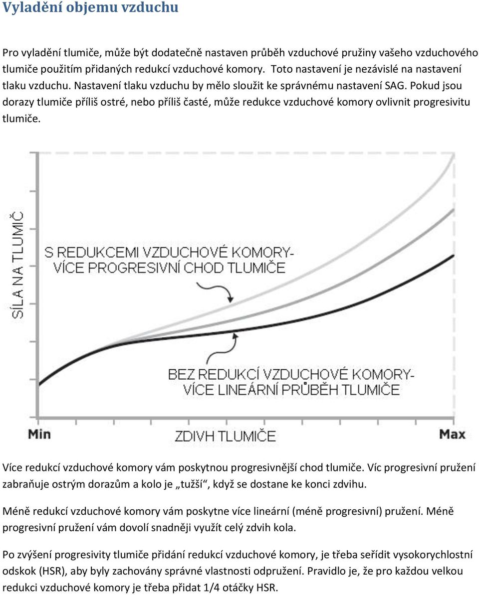 Pokud jsou dorazy tlumiče příliš ostré, nebo příliš časté, může redukce vzduchové komory ovlivnit progresivitu tlumiče. Více redukcí vzduchové komory vám poskytnou progresivnější chod tlumiče.