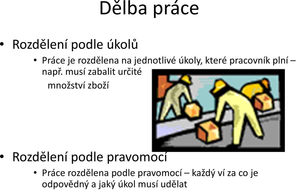 musí zabalit určité množství zboží Rozdělení podle pravomocí