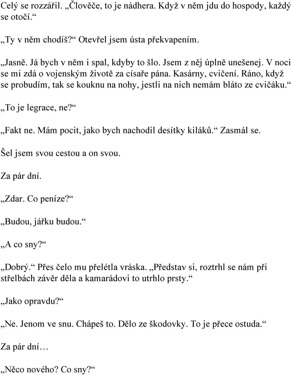 To je legrace, ne? Fakt ne. Mám pocit, jako bych nachodil desítky kiláků. Zasmál se. Šel jsem svou cestou a on svou. Za pár dní. Zdar. Co peníze? Budou, jářku budou. A co sny? Dobrý.