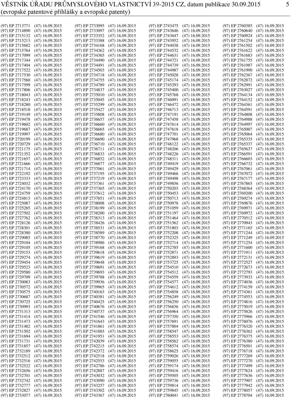 09.2015 (97) EP 2717530 (47) 16.09.2015 (97) EP 2717560 (47) 16.09.2015 (97) EP 2717599 (47) 16.09.2015 (97) EP 2717806 (47) 16.09.2015 (97) EP 2718043 (47) 16.09.2015 (97) EP 2718243 (47) 16.09.2015 (97) EP 2718280 (47) 16.