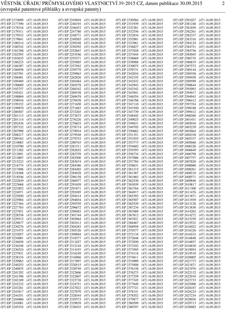 09.2015 (97) EP 2183635 (47) 16.09.2015 (97) EP 2186223 (47) 16.09.2015 (97) EP 2186387 (47) 16.09.2015 (97) EP 2186958 (47) 16.09.2015 (97) EP 2187591 (47) 16.09.2015 (97) EP 2188481 (47) 16.09.2015 (97) EP 2189469 (47) 16.