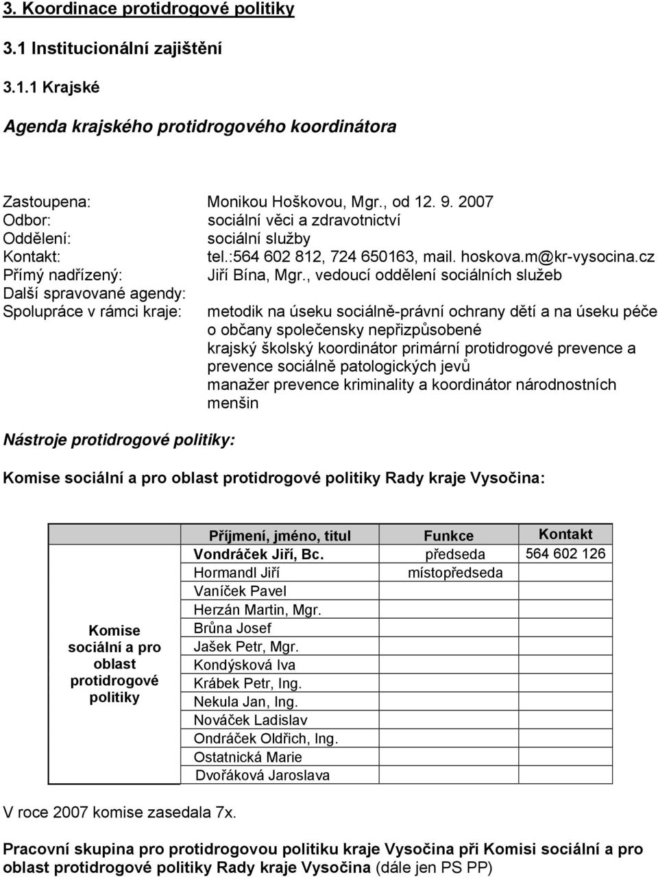 , vedoucí oddělení sociálních služeb Další spravované agendy: Spolupráce v rámci kraje: metodik na úseku sociálně-právní ochrany dětí a na úseku péče o občany společensky nepřizpůsobené krajský