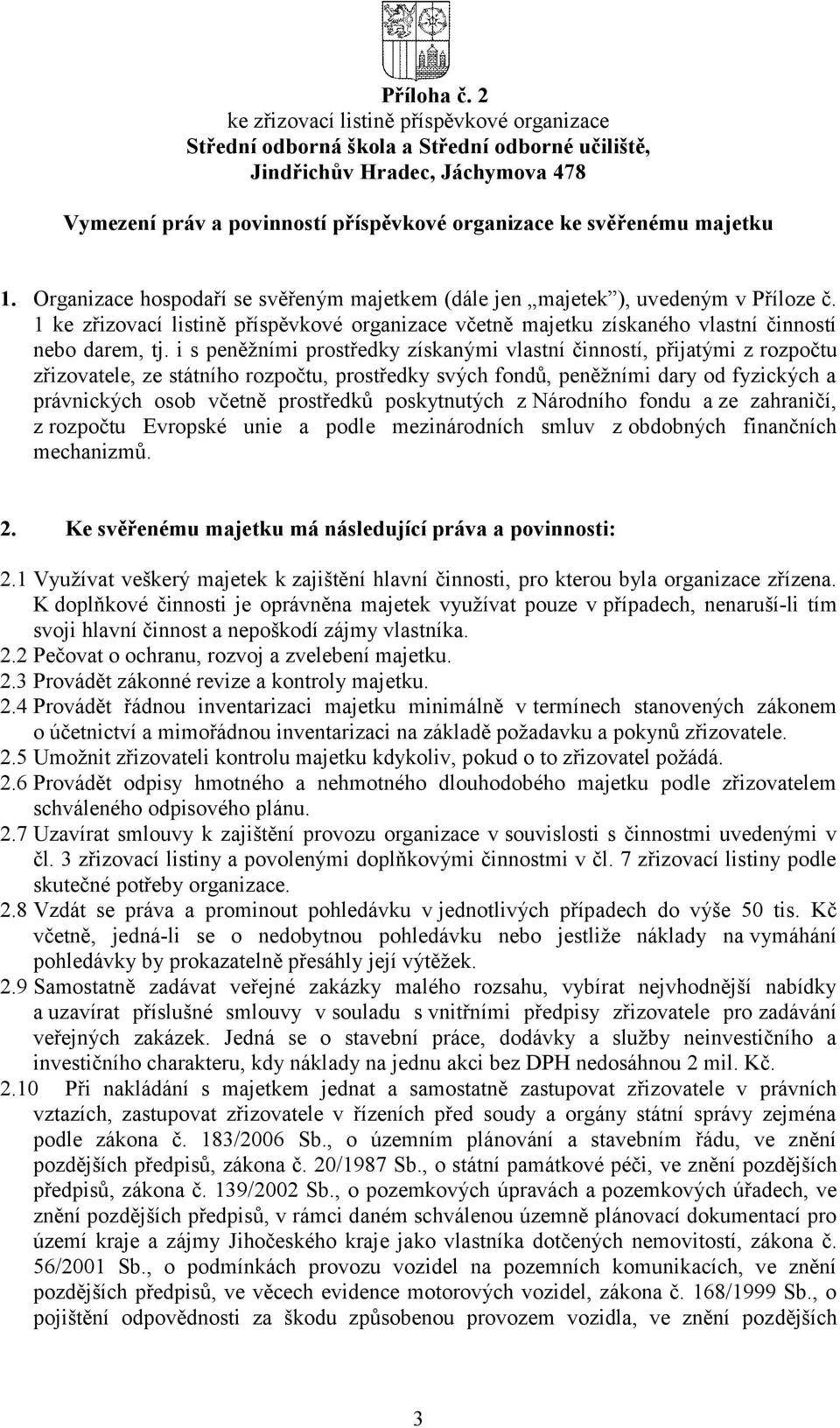 1. Organizace hospodaří se svěřeným majetkem (dále jen majetek ), uvedeným v Příloze č. 1 ke zřizovací listině příspěvkové organizace včetně majetku získaného vlastní činností nebo darem, tj.