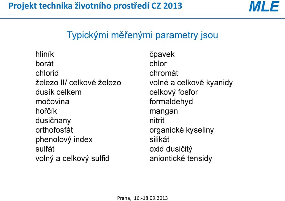 a celkový sulfid čpavek chlor chromát volné a celkové kyanidy celkový fosfor