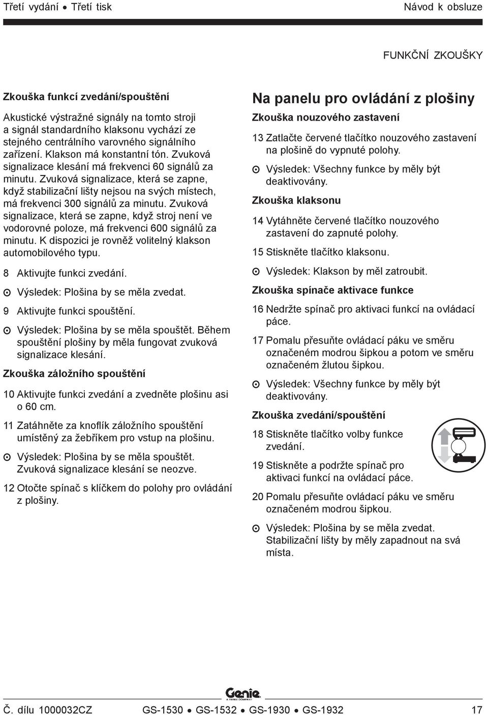 Zvuková signalizace, která se zapne, když stabilizační lišty nejsou na svých místech, má frekvenci 300 signálů za minutu.