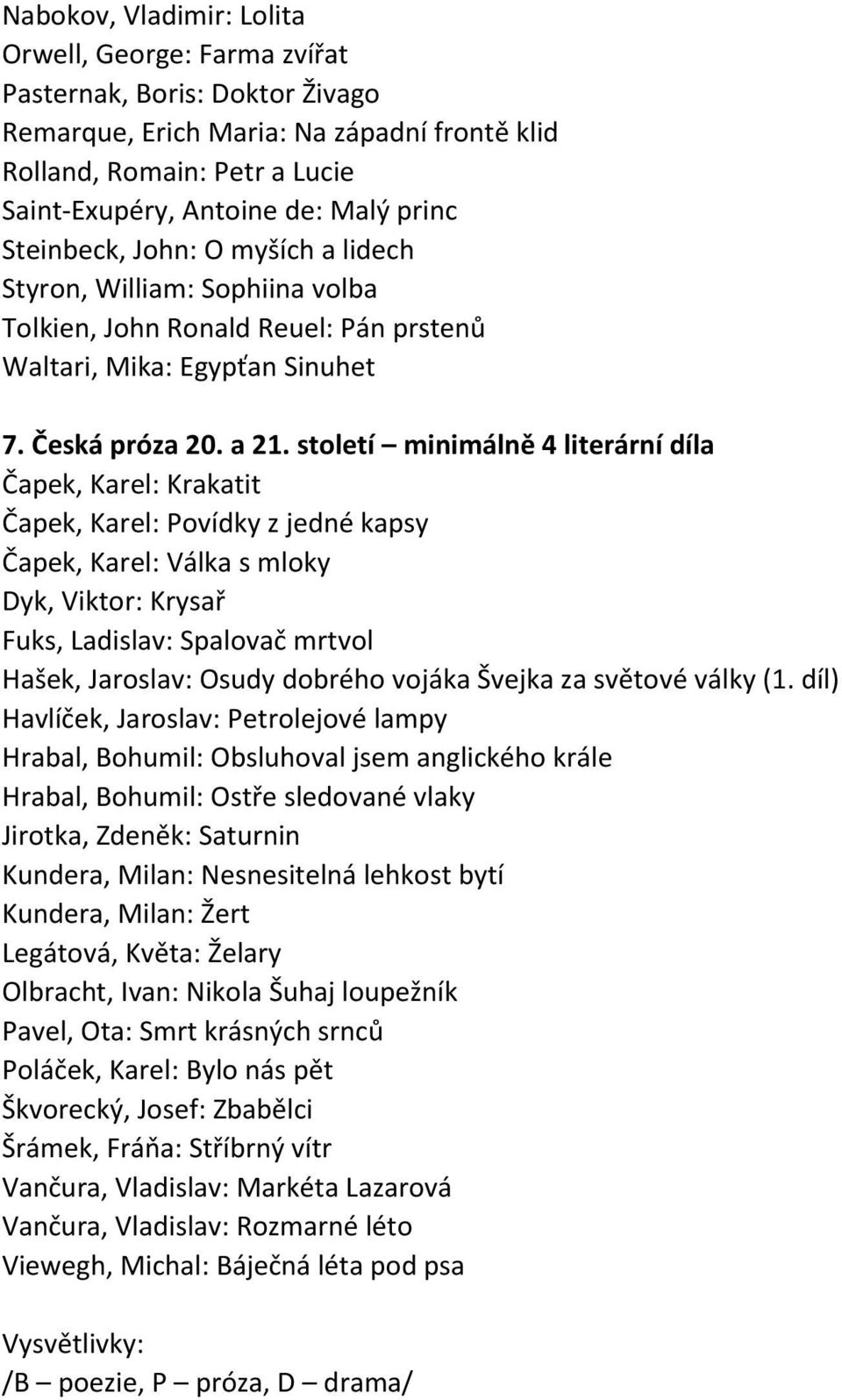 století minimálně 4 literární díla Čapek, Karel: Krakatit Čapek, Karel: Povídky z jedné kapsy Čapek, Karel: Válka s mloky Dyk, Viktor: Krysař Fuks, Ladislav: Spalovač mrtvol Hašek, Jaroslav: Osudy