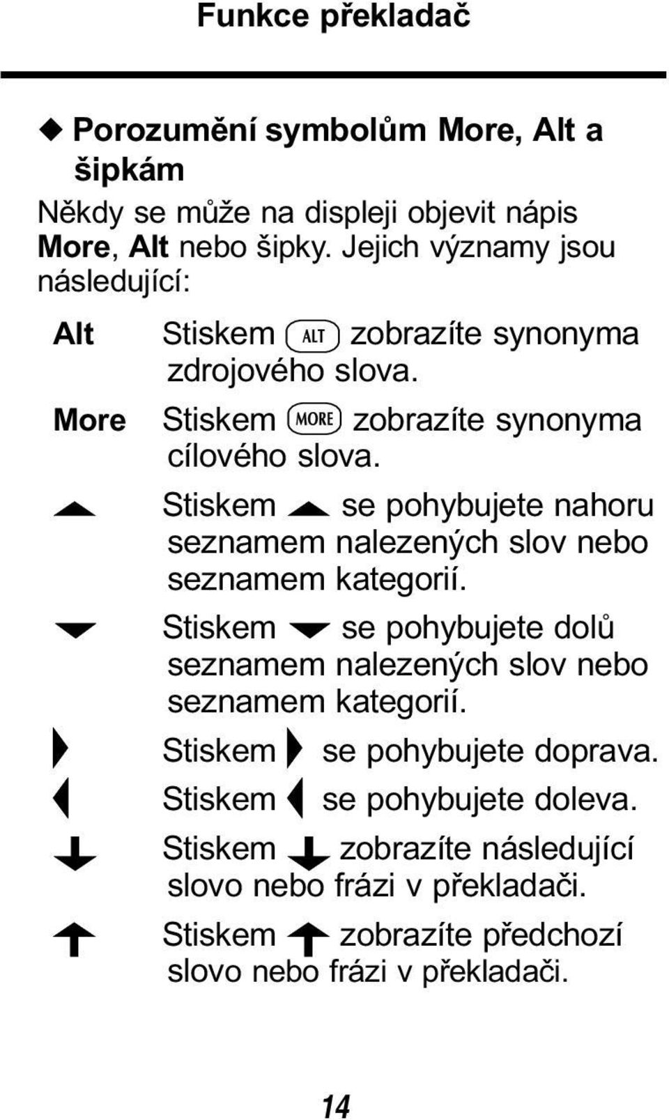 Stiskem se pohybujete nahoru seznamem nalezených slov nebo seznamem kategorií.