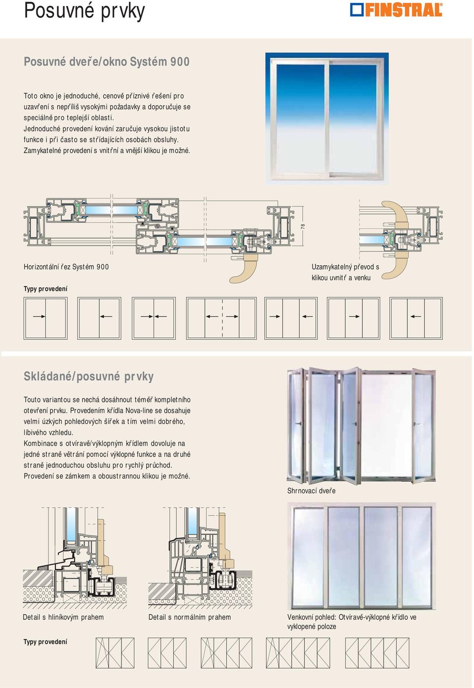 78 Horizontální řez Systém 900 Typy provedení Uzamykatelný převod s klikou uvnitř a venku Skládané/posuvné prvky Touto variantou se nechá dosáhnout téměř kompletního otevření prvku.