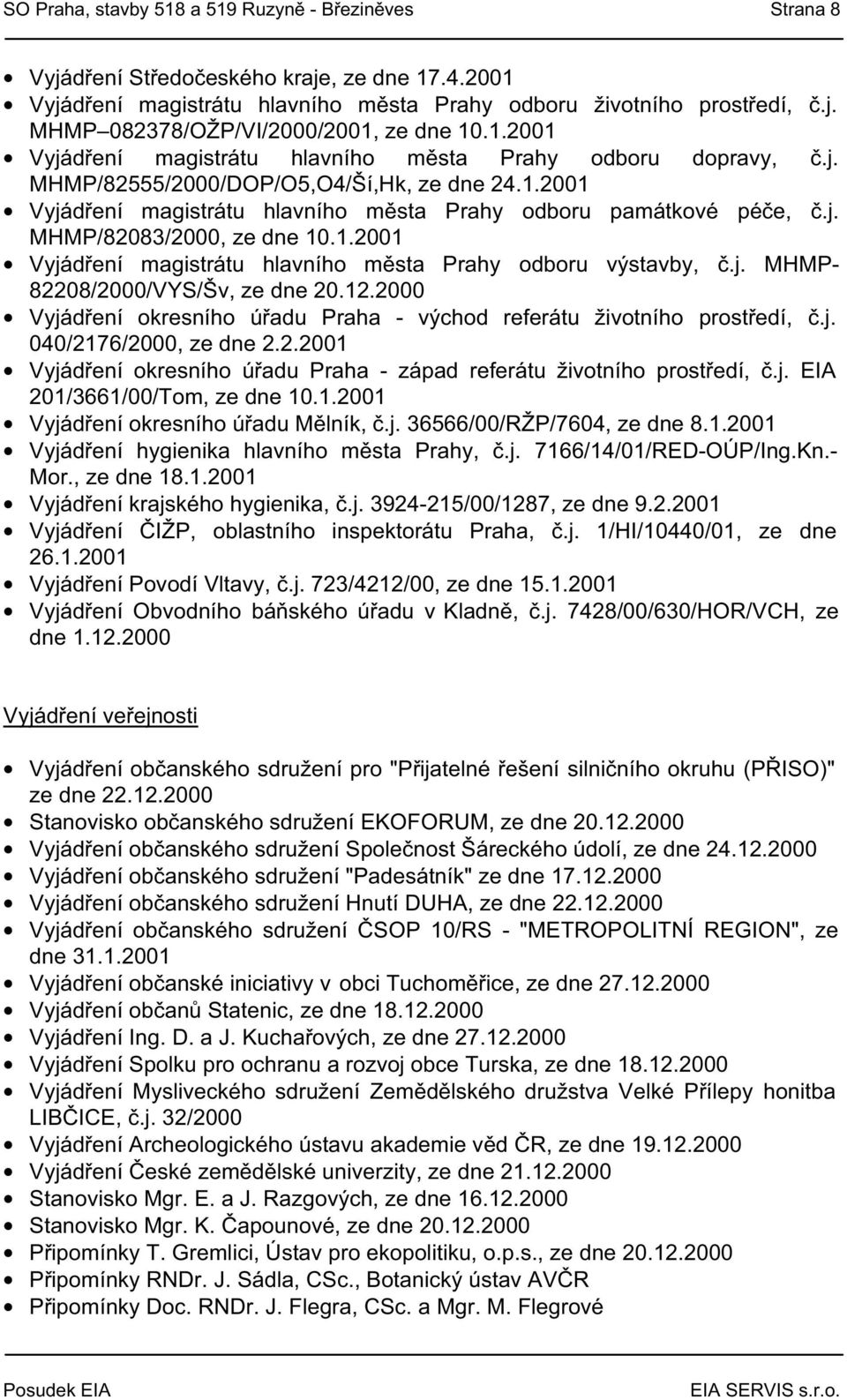 1.2001 Vyjádření magistrátu hlavního města Prahy odboru výstavby, č.j. MHMP- 82208/2000/VYS/Šv, ze dne 20.12.2000 Vyjádření okresního úřadu Praha - východ referátu životního prostředí, č.j. 040/2176/2000, ze dne 2.